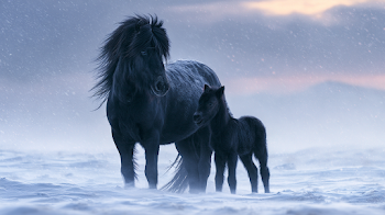 Mongolian Mare and Foal in Winter Snow