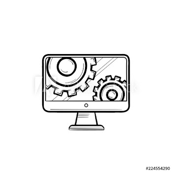Monitor with gears hand drawn outline doodle icon
