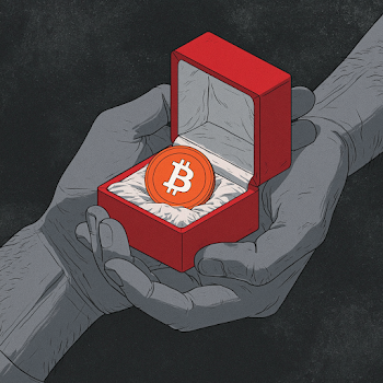 Monochrome Hands Offering Cryptocurrency Engagement Ring