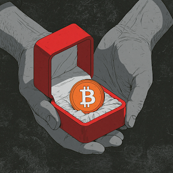 Monochrome Hands Presenting Red Velvet Ring Box with Cryptocurrency Coin