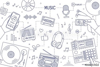 Monochrome horizontal banner template with hands and devices for music playing, recording and listening drawn with contour lines on white background