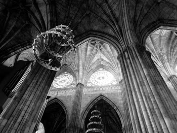 Monochrome Photo of Chandelier in Church Building