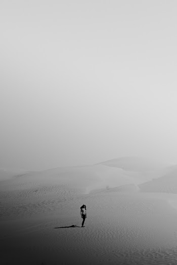 Monochrome Photo Of Person Standing On Desert