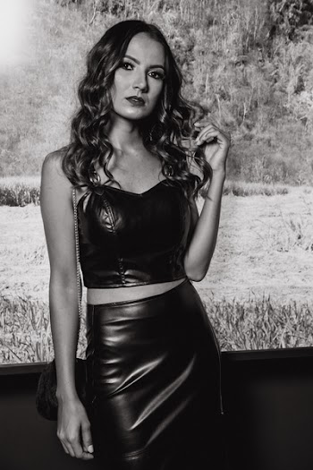 Monochrome Photography of Woman Wearing Black Leather Strapless Crop Top and Black Pencil Skirt