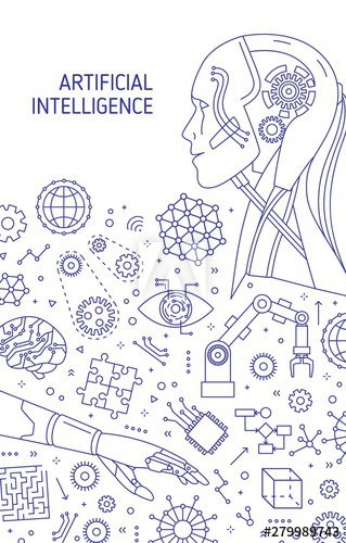 Monochrome poster template with robot, robotic arm, automatic manipulator hand drawn with outlines on white background