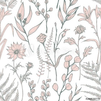 Monochrome seamless pattern with blooming wild flowers hand drawn on white background
