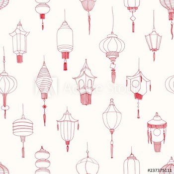 Monochrome seamless pattern with Chinese street lanterns hand drawn with contour lines on white background