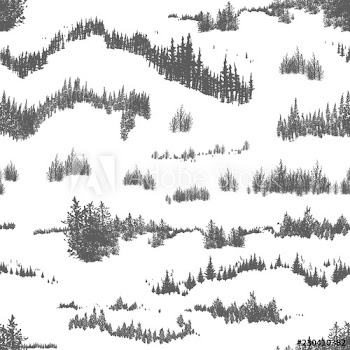Monochrome seamless pattern with hand drawn silhouettes of forest coniferous and deciduous trees growing on hills or mountains