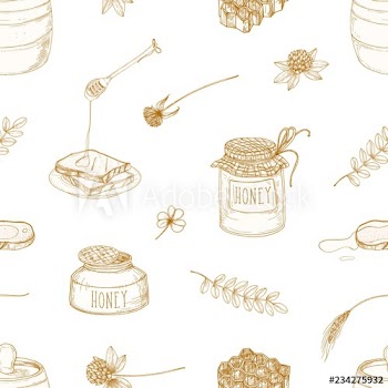 Monochrome seamless pattern with honey, dipper, bread slices, honeycomb, clover, jar and barrel drawn with contour lines on light background