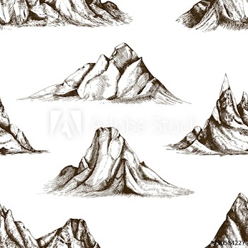 Monochrome seamless pattern with mountain peaks hand drawn with contour lines on white background