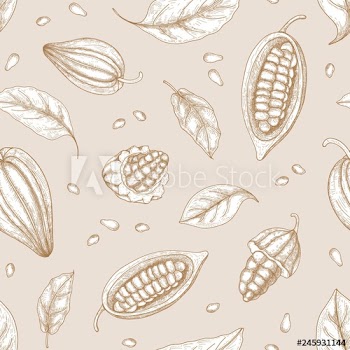 Monochrome seamless pattern with pods or fruits of cocoa tree, beans or seeds and leaves hand drawn with contour lines on light background