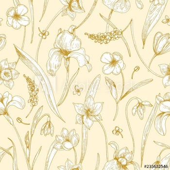 Monochrome seamless pattern with spring tender blooming flowers drawn with outlines on yellow background