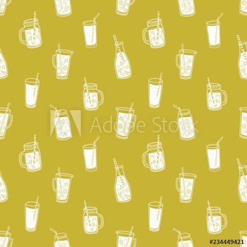 Monochrome seamless pattern with summer soft drinks, tasty juices or smoothies drawn with contour lines on yellow background