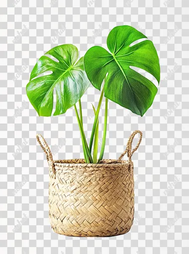 Monstera Plant in Straw Pot on White Background