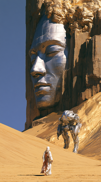 Monumental Chrome Sculpture in a Sci-Fi Desert