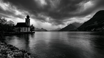 Moody Black and White Alpine Church by Lake Lucerne