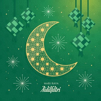 Moon and hanging ketupat hari raya aidilfitri event Free Vector