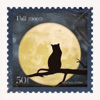 Moon & cat postage stamp, | Free PSD - rawpixel