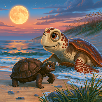 Moonlit Encounter: Cute Loggerhead Turtle Meets Gopher Tortoise