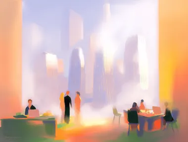 Morning Conversations in a Modern Skyscraper Office Morning Conversations in a Modern Skyscraper Office