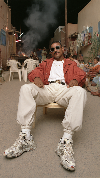 Moroccan Man in 1980s Rai Style at Night in a Quiet Village