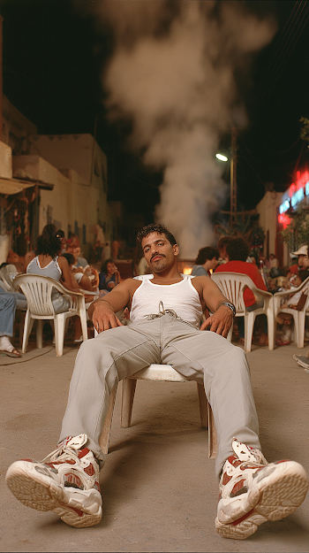 Moroccan Man in 1980s Rai Style Relaxing at Night in Village