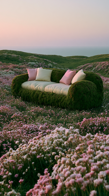 Moss-Covered Outdoor Sofa in a Blooming Wildflower Field