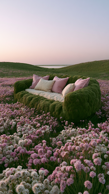 Moss-Covered Sofa Amidst Wildflowers