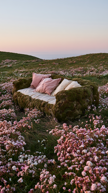 Moss-Covered Sofa Surrounded by Wildflowers