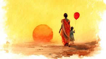 Mother and Child in Sunset - Watercolor Art