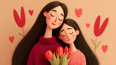 Mother and Daughter Embracing with Tulips on Mother's Day Mother and Daughter Embracing with Tulips on Mother's Day