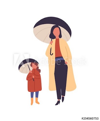 Mother and daughter with umbrellas flat vector illustration