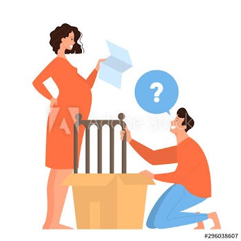 Mother and father building a baby crib for newborn