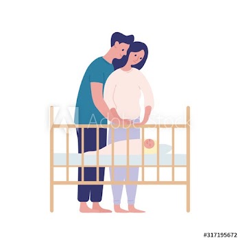 Mother and father watching at sleeping baby flat vector illustration