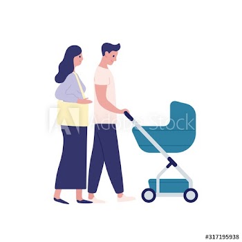 Mother and father with baby carriage flat vector illustration