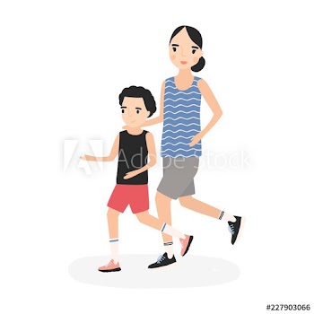 Mother and son dressed in sportswear running or jogging together