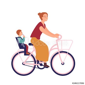 Mother riding bike with baby in seat