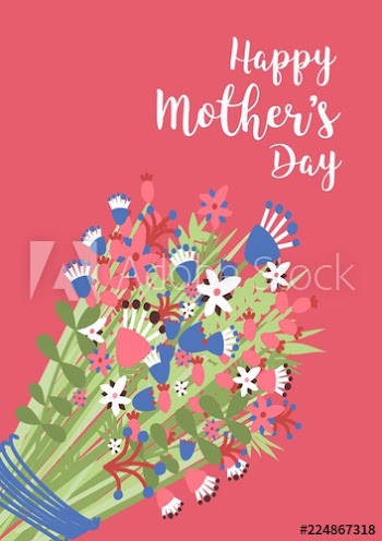Mother's Day greeting card or postcard template with bouquet of beautiful blooming flowers and holiday wish handwritten with elegant cursive calligraphic font