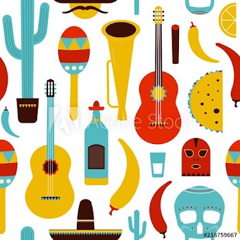 Motley Mexico seamless pattern with traditional Mexican items on white background - tequila, Lucha libre mask, chili pepper, sombrero, cactus, cigar, maracas, sugar skull