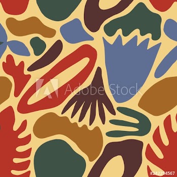Motley seamless pattern with abstract colorful patches, shapes and tropical leaves on white background
