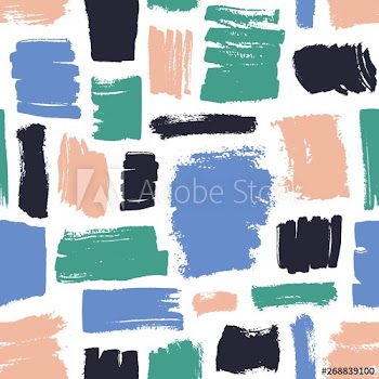 Motley seamless pattern with pink, black, blue and green brush strokes on white background