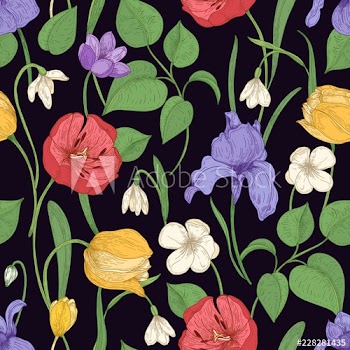 Motley seamless pattern with romantic blooming flowers on black background - iris, snowdrop, tulip, crocus