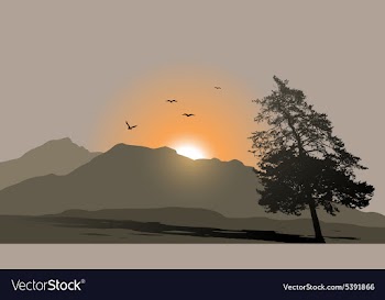  					Mountain view with flying birds during sunrise vector image														