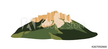 Mountain with rock formation on top of it isolated on white background