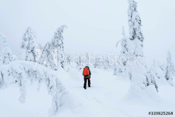 Mountaineer trekking in the snow at Lapland, Finland