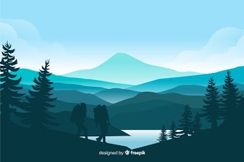 Mountains landscape with fir trees and lake Free Vector