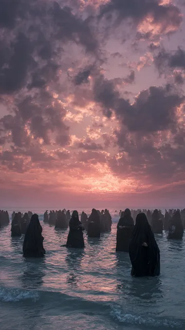 Mourning Ritual of Iranian Women at Sunset Shoreline Mourning Ritual of Iranian Women at Sunset Shoreline