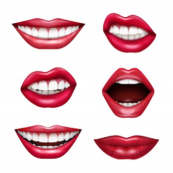 Mouth expressions lips body language emotions realistic set with red glossy drawing attention lipstick isolated Free Vector