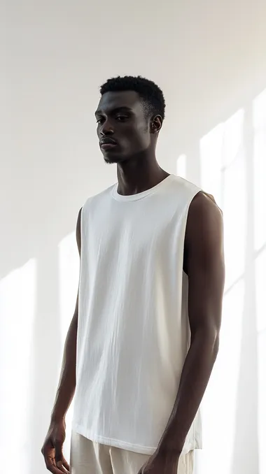 Mulat man in oversized sleeveless t-shirt in bright white studio Mulat man in oversized sleeveless t-shirt in bright white studio