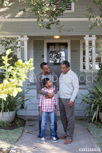 Multi-generation men on front stoop